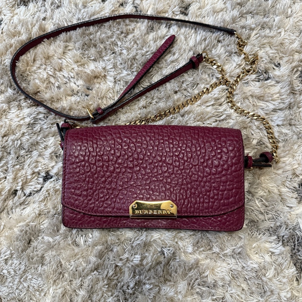 BURBERRY Burgundy Signature Grain Leather Madison Wallet On Chain Bag